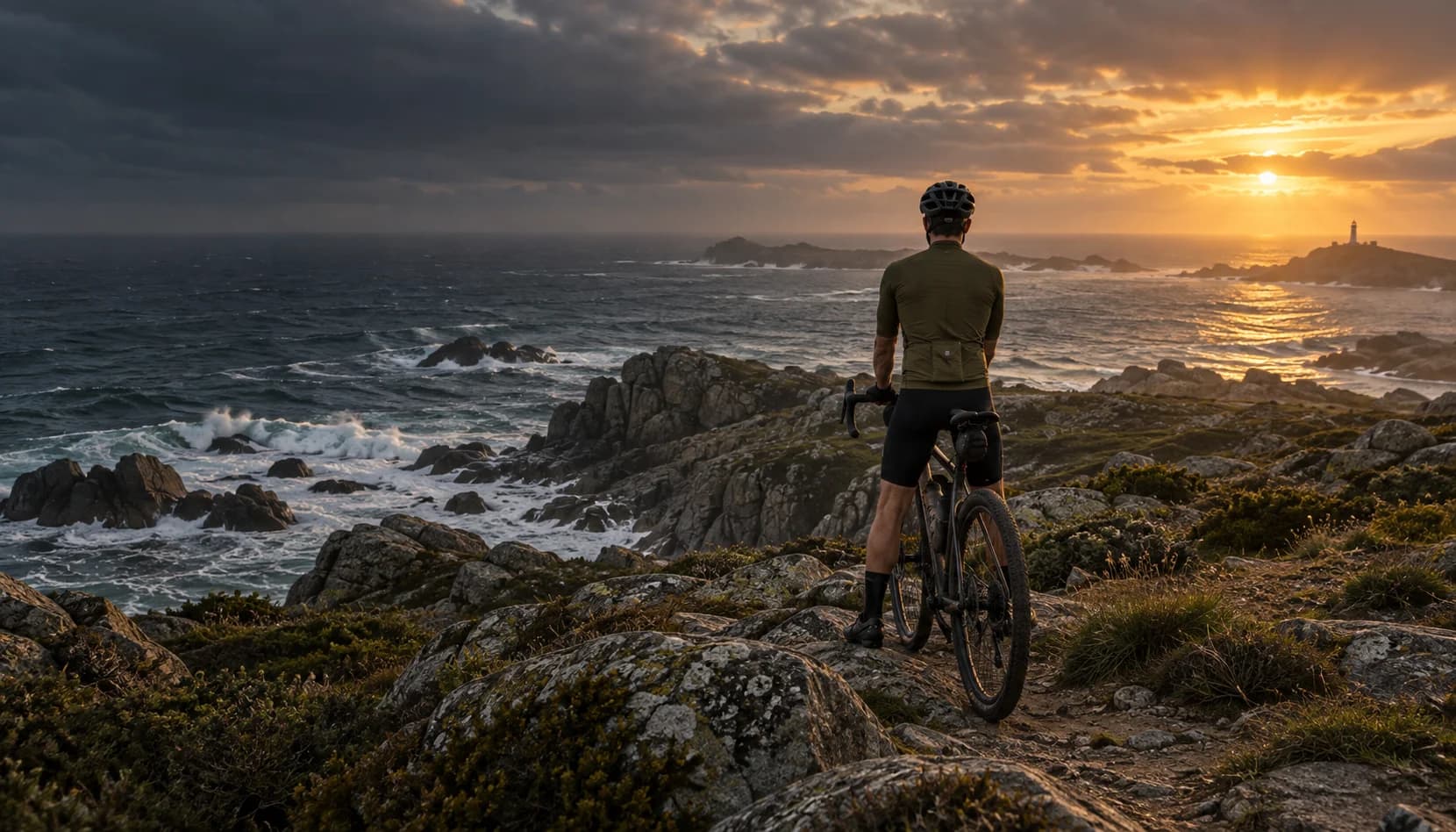 Ciclista frente al Atlántico al atardecer en la costa gallega